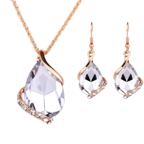 Teardrop Waterdrop Gold Diamond CZ Necklace Earrings Jewelry Set - Picture 1 of 1